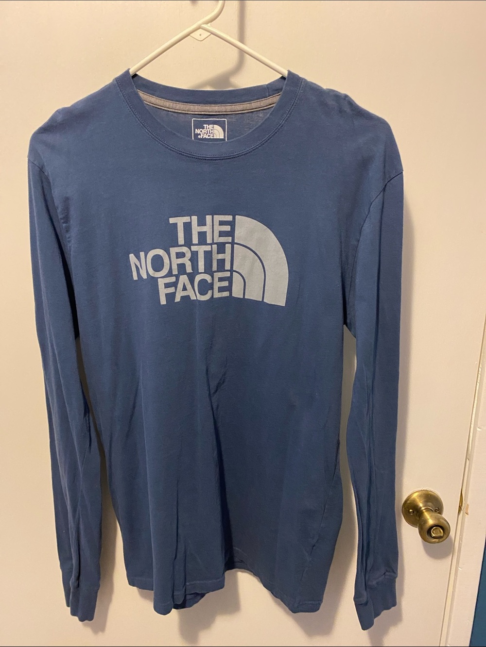 The North Face Blue Long Sleeve Logo Tee with White Print